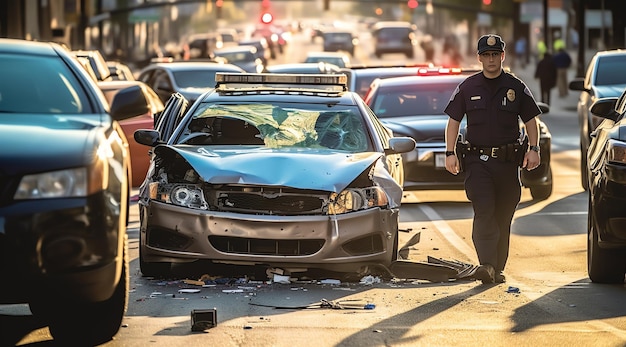 Un agente di polizia si trova accanto a un'auto con sopra la scritta police.