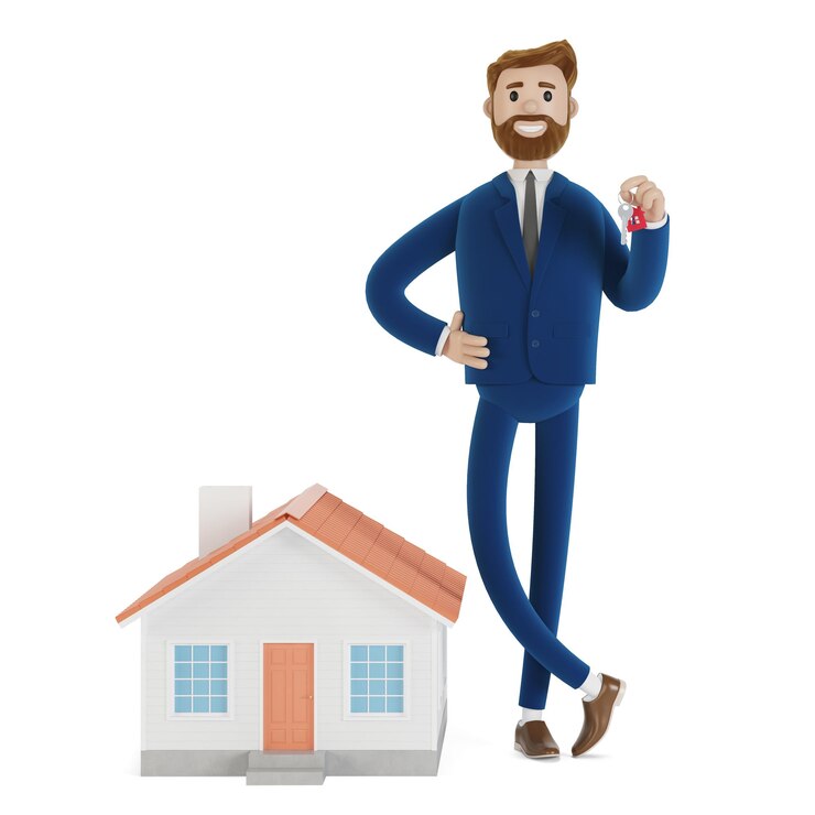 Un agente immobiliare di successo tiene una chiave in mano e vende, affitta una casa. illustrazione 3D.