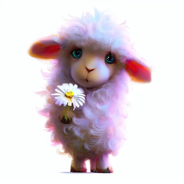 Un agnello con un fiore bianco in bocca tiene in mano una margherita bianca.