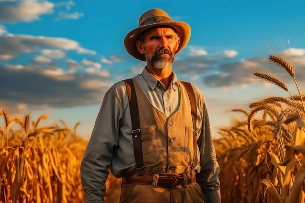 Un agricoltore adulto maturo nel mezzo di un campo di grano Azienda agricola Tramonto mentre si lavora in campagna IA generativa