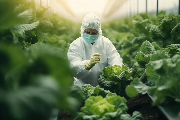 Un agricoltore che cammina in casa verde