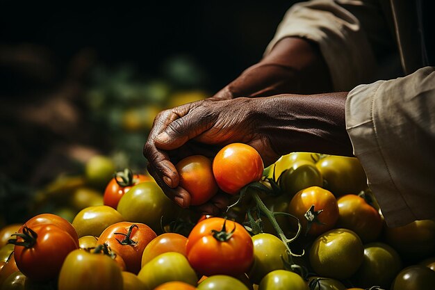 un agricoltore che raccoglie un pomodoro rosso maturo dalla vite generata da Ai