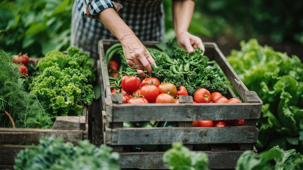 Un agricoltore di verdure che organizza i prodotti appena raccolti in una cassa in una fattoria biologica