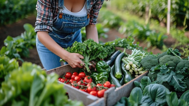 Un agricoltore di verdure che organizza i prodotti appena raccolti in una cassa in una fattoria biologica