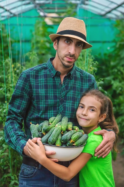 Un agricoltore e un bambino tengono in mano un raccolto di cetrioli