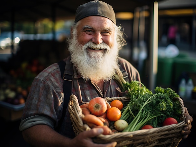 Un agricoltore maturo conserva le verdure fresche in una scatola ecologica nel giardino Generativo ai