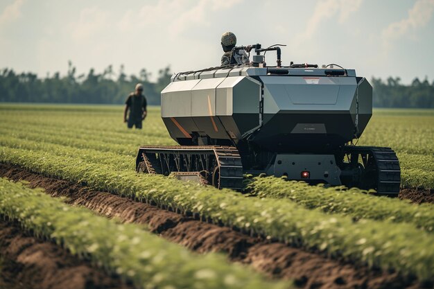 Un agricoltore robot che raccoglie le colture in un campo