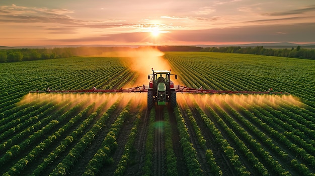 Un agricoltore sta applicando il fertilizzante a un campo utilizzando un'irroratrice montata su un trattore. Spazio AI generativa