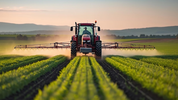 Un agricoltore sta applicando il fertilizzante a un campo utilizzando un'irroratrice montata su un trattore. Spazio AI generativa