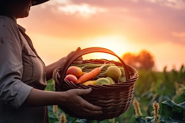 Un agricoltore tiene un cesto di verdure con la raccolta in background dell'azienda agricola