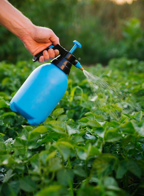 Un agricoltore usa un nebulizzatore per trattare una piantagione di patate da parassiti e scarabei della patata del Colorado Usa sostanze chimiche in agricoltura Lavorazione delle colture Protezione e cura