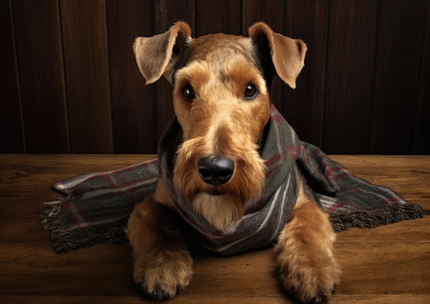 Un Airedale Terrier che indossa una bandana e si siede pazientemente per una sorpresa