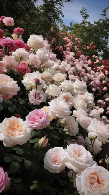 Un'aiuola con rose rosa e bianche.