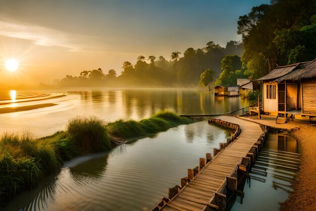 un'alba con un fiume sullo sfondo