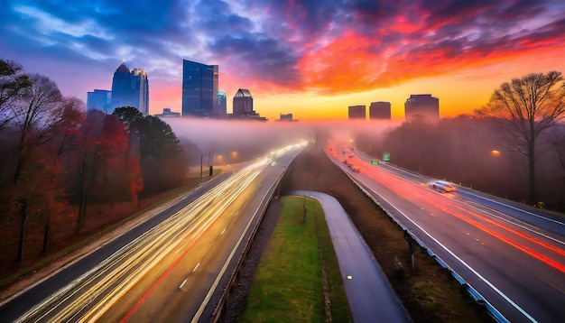 Un'alba nebbiosa e colorata a Charlotte, nella Carolina del Nord, durante l'ora di punta mattutina