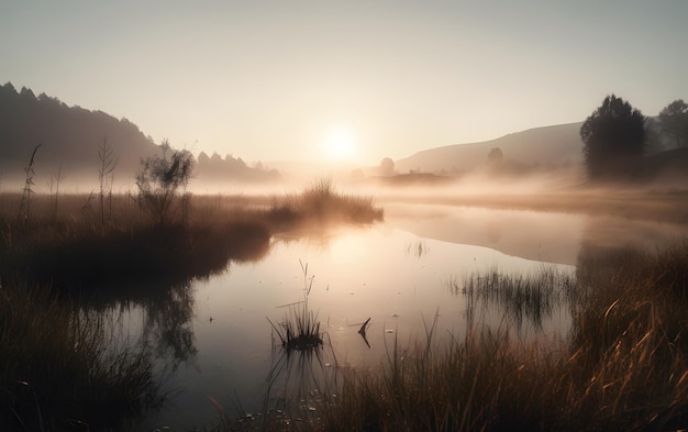 Un'alba nebbiosa su un lago con una montagna sullo sfondo