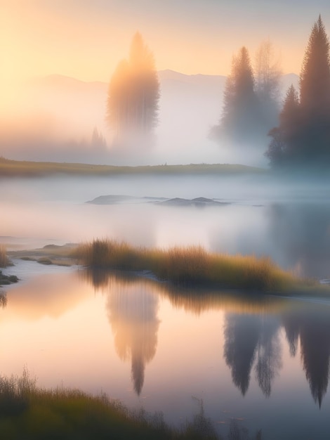 Un'alba nebbiosa su un lago con una montagna sullo sfondo.
