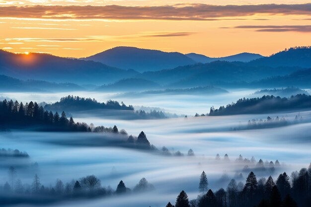 Un'alba nebbiosa su un paesaggio montuoso nebbioso