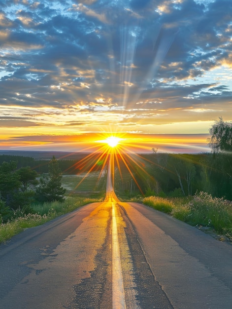 Un'alba serena adorna una strada di campagna tortuosa proiettando un caldo bagliore sul paesaggio verdeggiante la promessa di un nuovo giorno fa cenno mentre la strada si estende all'orizzonte sotto un cielo dipinto