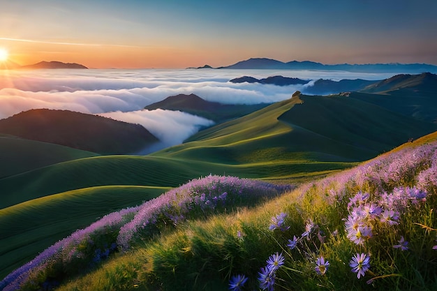 Un'alba sopra le nuvole con una montagna sullo sfondo