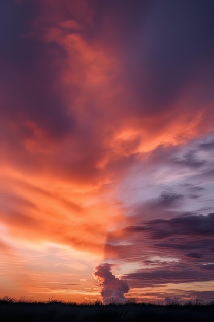 Un'alba su un campo di nuvole ed erba nello stile di arancio chiaro e magenta scuro