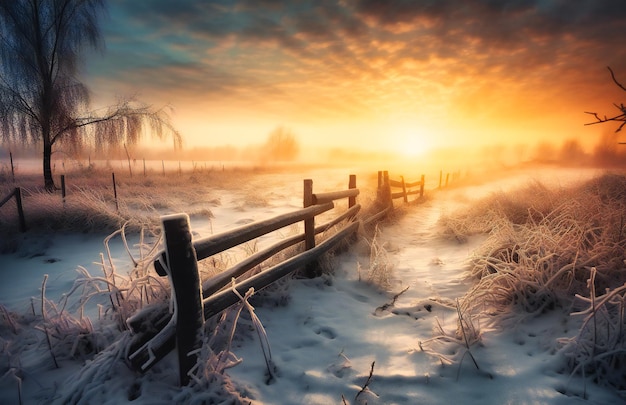 Un'alba su un campo innevato con una staccionata in legno