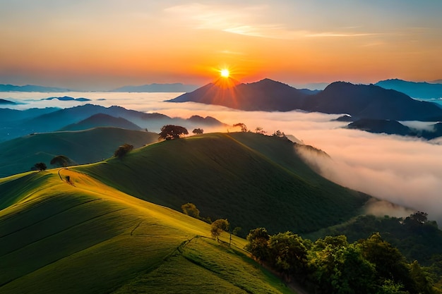 Un'alba sulle montagne con nuvole e nebbia