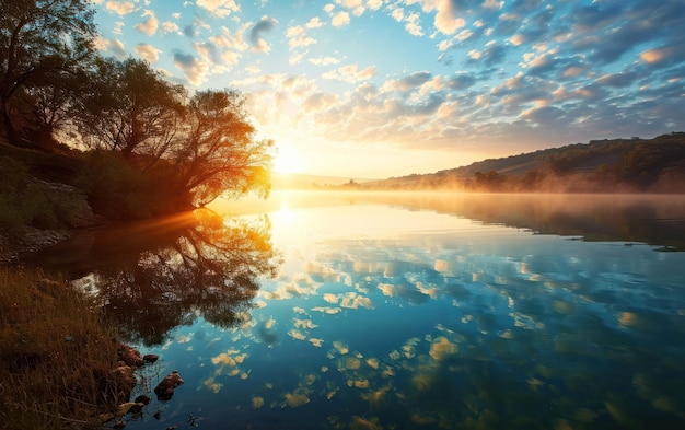 Un'alba tranquilla su un lago calmo che getta tonalità calde sul cielo