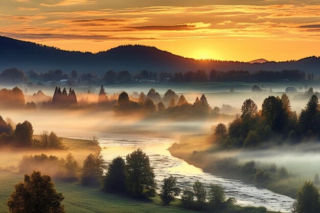 Un'alba tranquilla su una valle coperta di nebbia