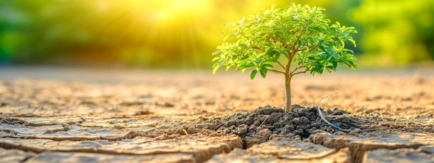 Un alberello verde sulla terra crepata sotto la luce dorata del sole un faro di vita in mezzo alla desolazione