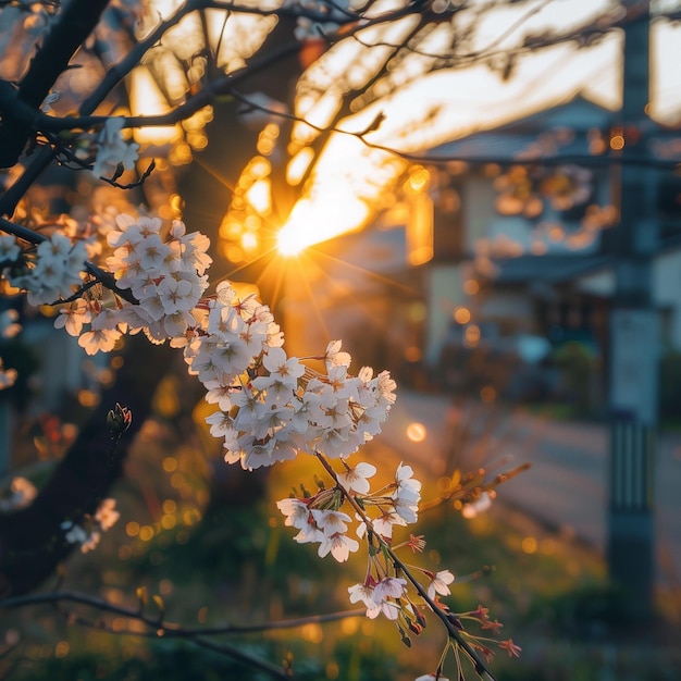 un albero a fiori di ciliegio con il sole che tramonta dietro di esso