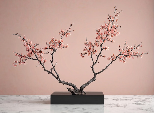 un albero a fiori rosa in un vaso nero