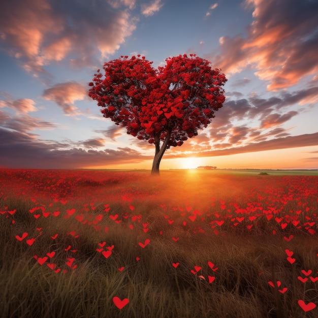 un albero a forma di cuore che sta da solo in un vasto campo che simboleggia l'amore e la bellezza della natura