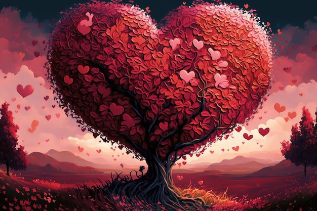 Un albero a forma di cuore con molti cuori sopra