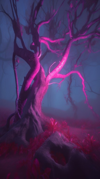 Un albero al buio con luci rosa