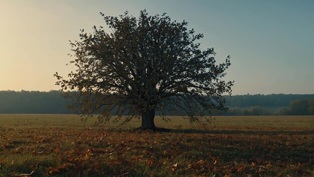 un albero al centro di un campo con le foglie che cadono