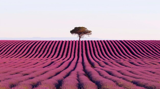 Un albero alto in mezzo a un mare di fiori di lavanda in un paesaggio naturale