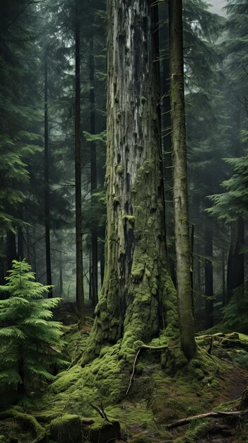 Un albero alto in una foresta umida