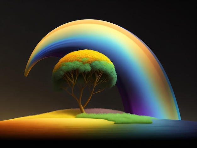 Un albero arcobaleno è circondato da un arcobaleno.