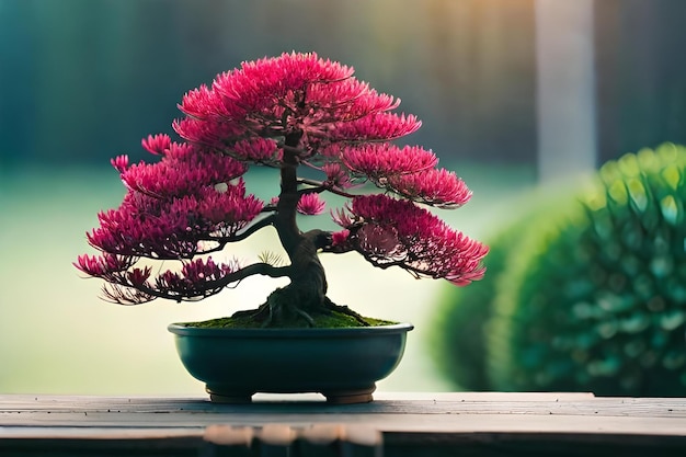 Un albero bonsai in un vaso con uno sfondo verde.