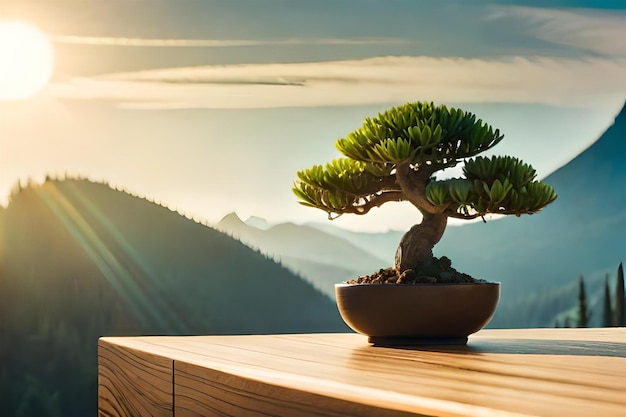 un albero bonsai su un tavolo di fronte a una vista sulle montagne.
