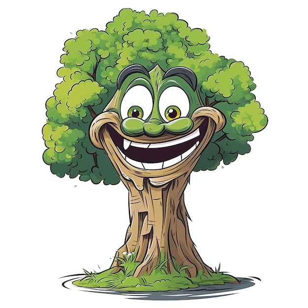 Un albero cartone animato con una faccia verde e un sorriso sopra.