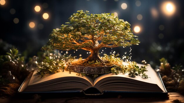 Un albero che cresce su un libro aperto