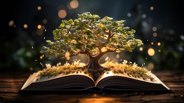Un albero che cresce su un libro aperto