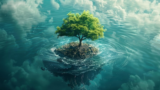 un albero che galleggia nell'acqua con un albero nell'acqua