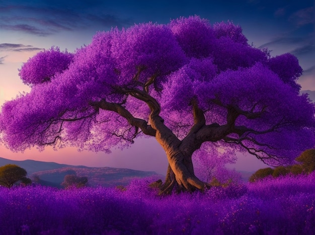 Un albero circondato da vivaci fiori viola