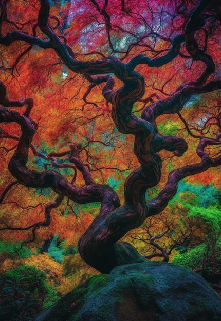 Un albero colorato con un ramo contorto