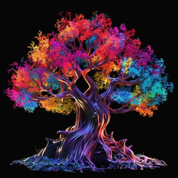 Un albero colorato con uno sfondo nero e un ai generativo di sfondo nero