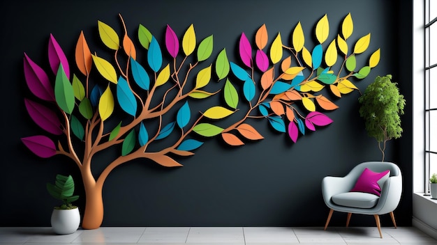 Un albero colorato dipinto su un muro nero