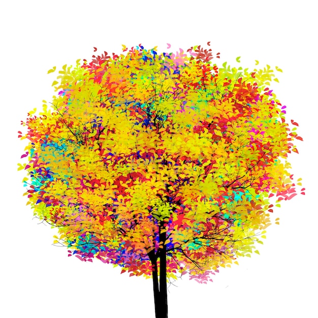 Un albero colorato, un'illustrazione astratta, è isolato su uno sfondo bianco.